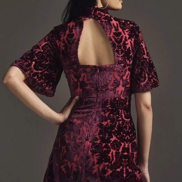 Anthropologie Elegant Velvet Patterned Mock Neck Mini Dress - Picture 4 of 12